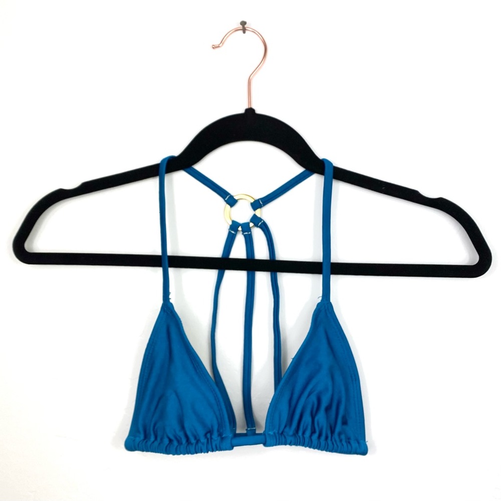 Salt Swimwear Deep Blue Green Teal Gold Triangle Clasp Strappy Back Bikini Top